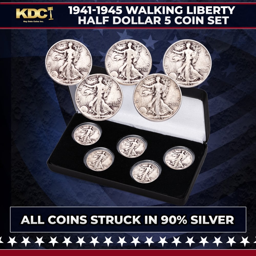 1941-1945 Walking Liberty Half Dollar 50c 5 Coin Set: 1941-1945 Walking Liberty Half Dollar 50c 5 Coin Set. Mark each heroic year of U.S. involvement in World War II with a 5-coin 1941-1945 consecutive year set of Liberty Walking half dollars! Boasting a