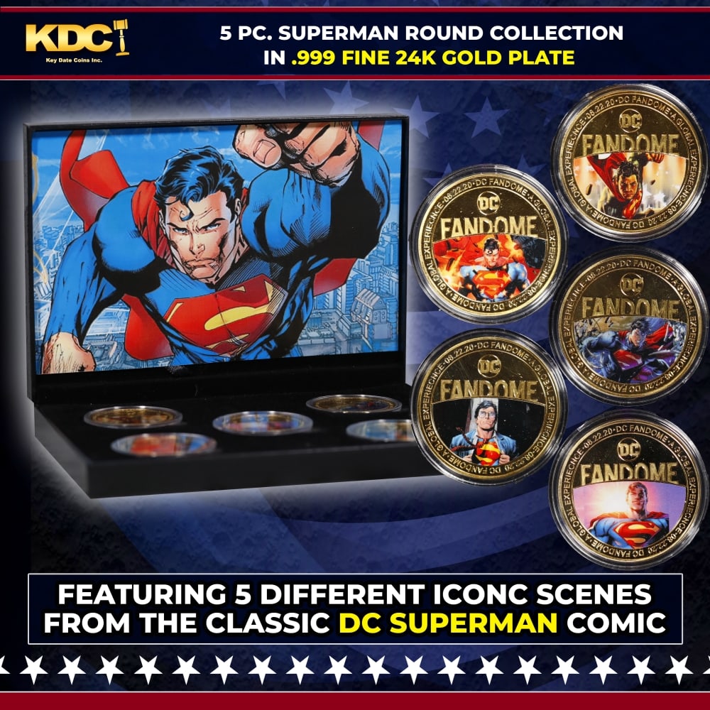 5 Coin DC Comic Book Superman Gold Plated Round Collection In Custom Box W/ Special Backer card: 5 Coin DC Comic Book Superman Gold Plated Round Collection In Custom Box W/ Special Backer card. Please Note All Backer Cards may have slight differences but will be very similar if not identical to