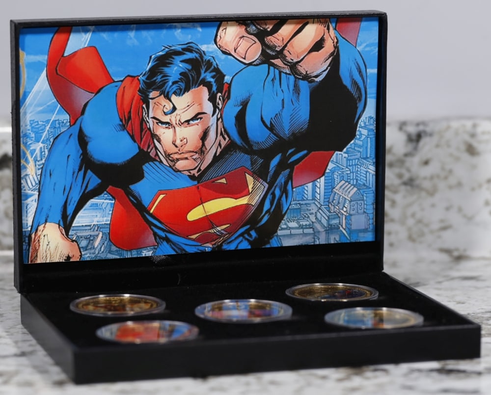 5 Coin DC Comic Book Superman Gold Plated Round Collection In Custom Box W/ Special Backer card - 2
