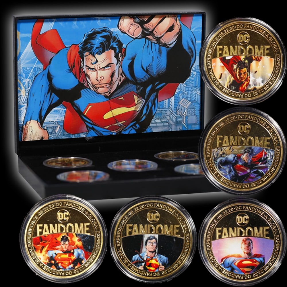 5 Coin DC Comic Book Superman Gold Plated Round Collection In Custom Box W/ Special Backer card - 5