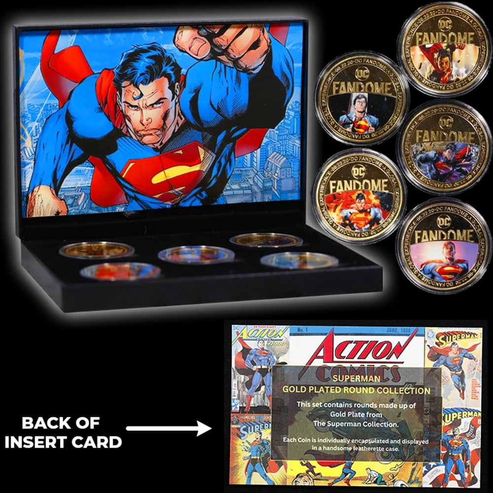 5 Coin DC Comic Book Superman Gold Plated Round Collection In Custom Box W/ Special Backer card - 6