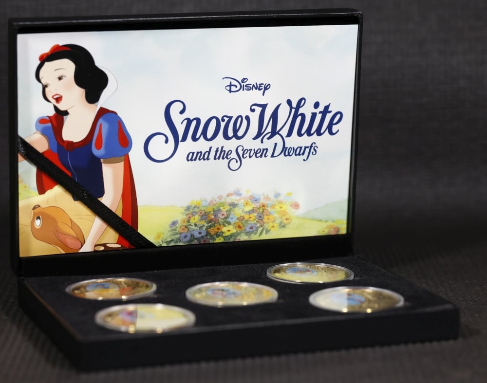 5 Coin Disney Snow White & The 7 Dwarves Gold Plated Round Collection In Custom Box W/ Special Ba... - 2
