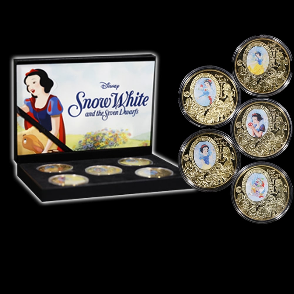5 Coin Disney Snow White & The 7 Dwarves Gold Plated Round Collection In Custom Box W/ Special Ba... - 4