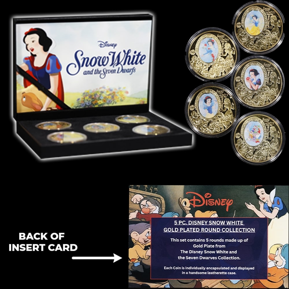 5 Coin Disney Snow White & The 7 Dwarves Gold Plated Round Collection In Custom Box W/ Special Ba... - 5