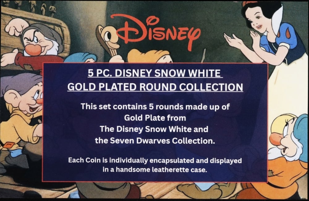 5 Coin Disney Snow White & The 7 Dwarves Gold Plated Round Collection In Custom Box W/ Special Ba... - 7
