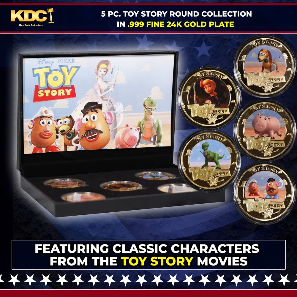 5 Coin Toy Story Gold Plated Round Collection In Custom Box W/ Special Backer card: 5 Coin Toy Story Gold Plated Round Collection In Custom Box W/ Special Backer card. Please Note All Backer Cards may have slight differences but will be very similar if not identical to the one in the