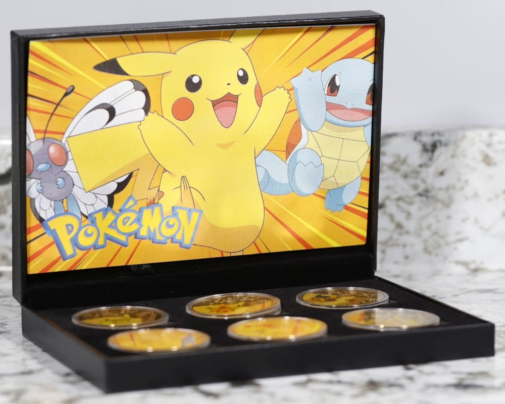 6 Coin Pokemon - Picachu Plated Gold Round Collection In Custom Box W/ Special Backer card - 2