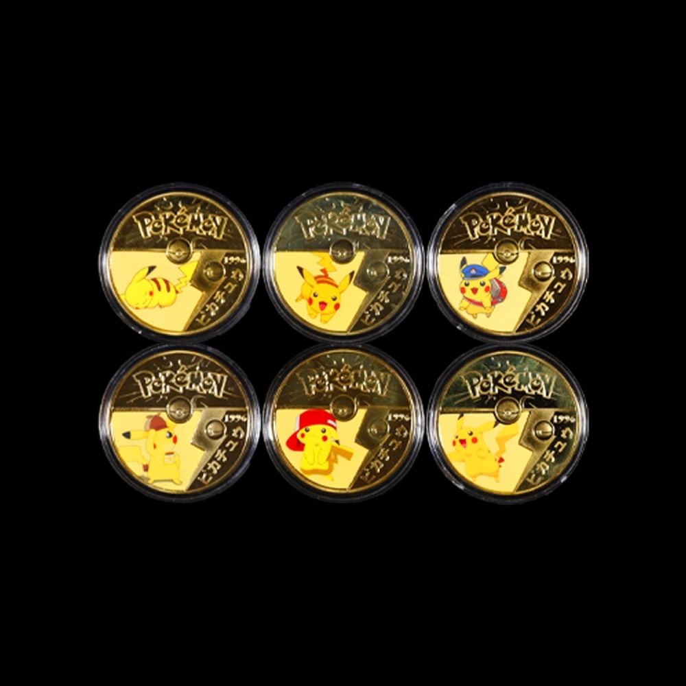 6 Coin Pokemon - Picachu Plated Gold Round Collection In Custom Box W/ Special Backer card - 4