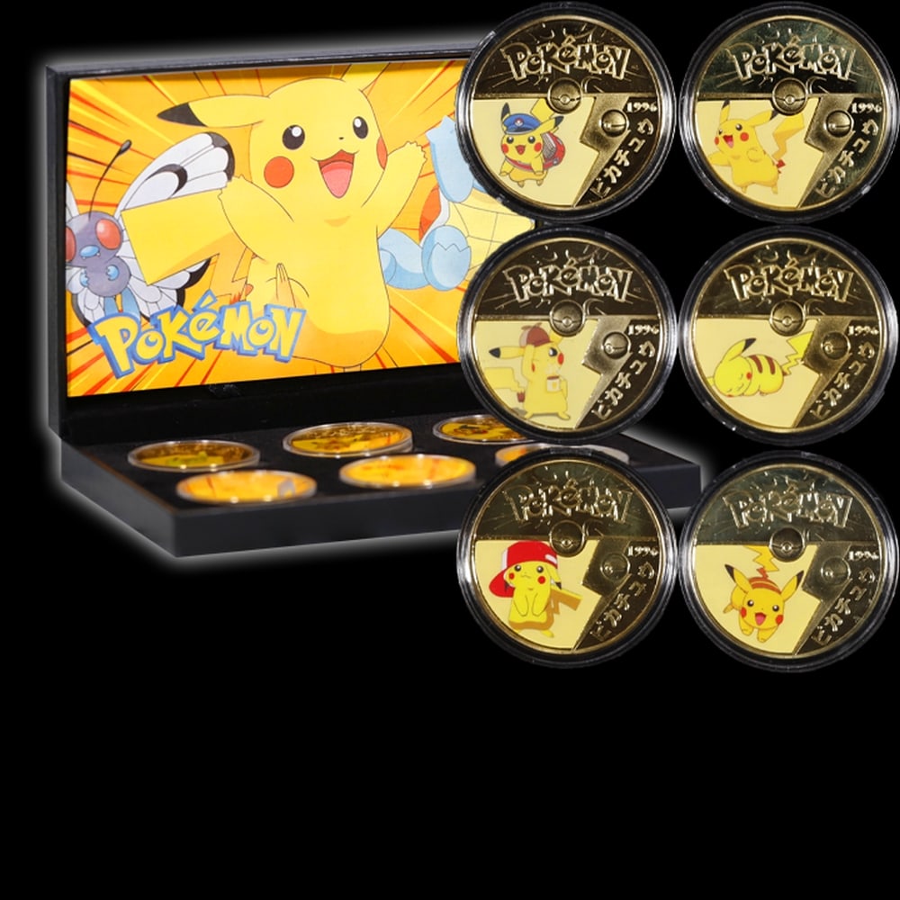 6 Coin Pokemon - Picachu Plated Gold Round Collection In Custom Box W/ Special Backer card - 5