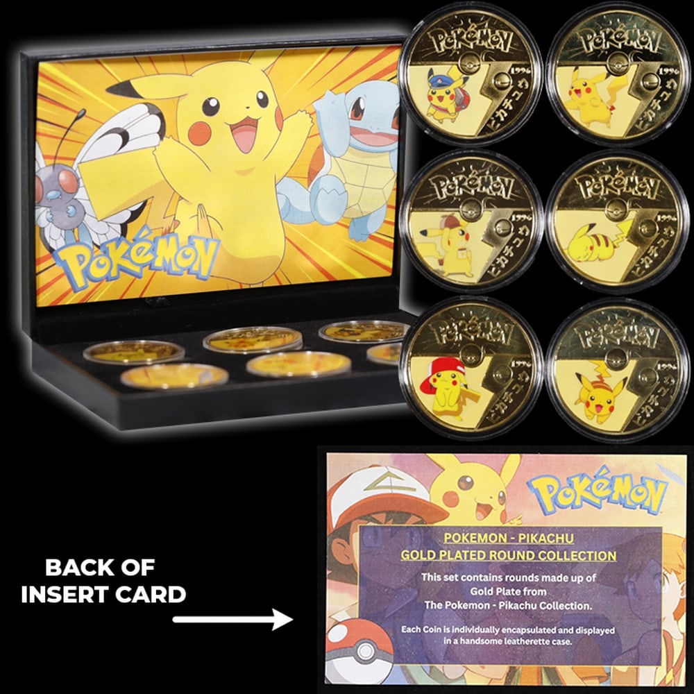 6 Coin Pokemon - Picachu Plated Gold Round Collection In Custom Box W/ Special Backer card - 6