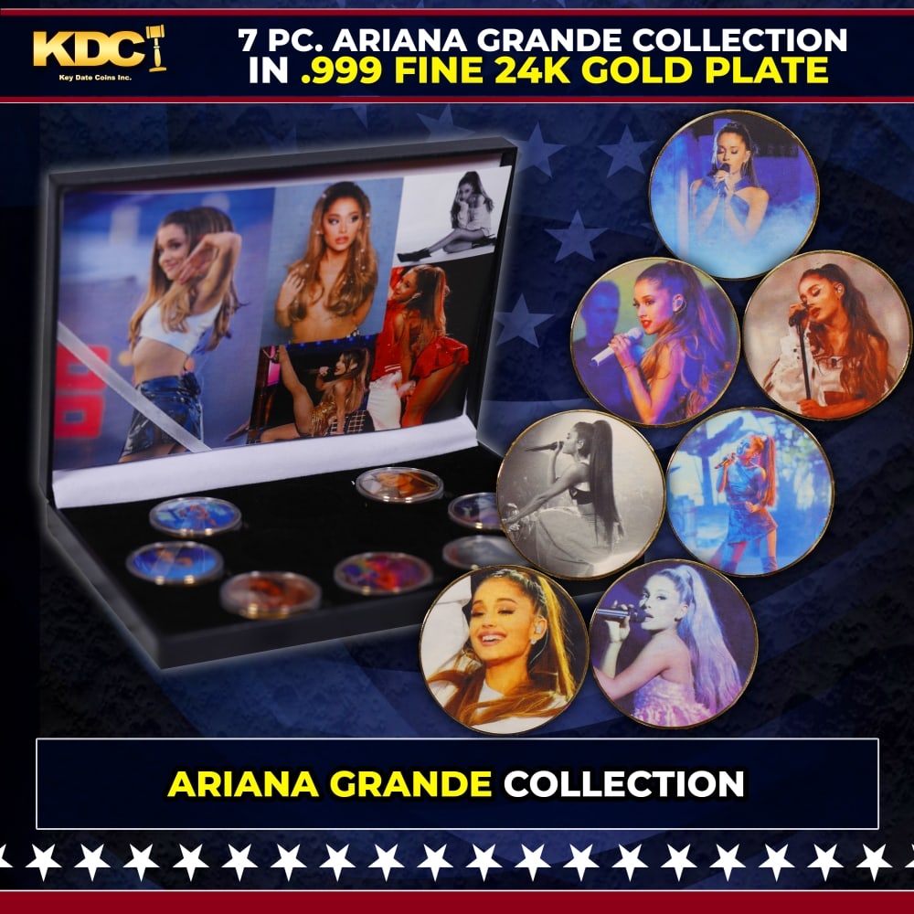 7 Coin Ariana Grande 24k Gold Plated Round Collection: 7 Coin Ariana Grande 24k Gold Plated Round Collection. Please Note All Backer Cards may have slight differences but will be very similar if not identical to the one in the photo