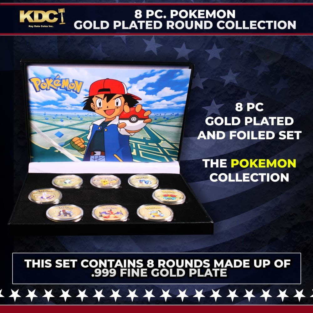 8 Coin Pokemon Gold Plated and Foiled Round Collection: 8 Coin Pokemon Gold Plated and Foiled Round Collection. Please Note All Backer Cards may have slight differences but will be very similar if not identical to the one in the photo
