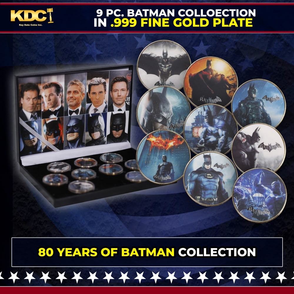 9 Coin Batman DC Gold Plated Round Collection: 9 Coin Batman DC Gold Plated Round Collection. Please Note All Backer Cards may have slight differences but will be very similar if not identical to the one in the photo