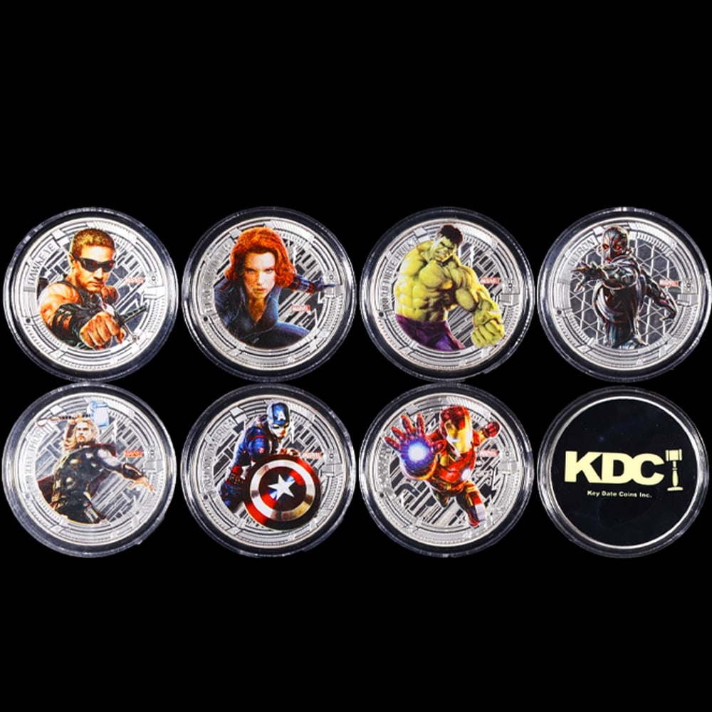 Limited Edition 8 Coin Marvel Avengers Age of Ultron Silver Plated Collection In Custom WOODEN Bo... - 2