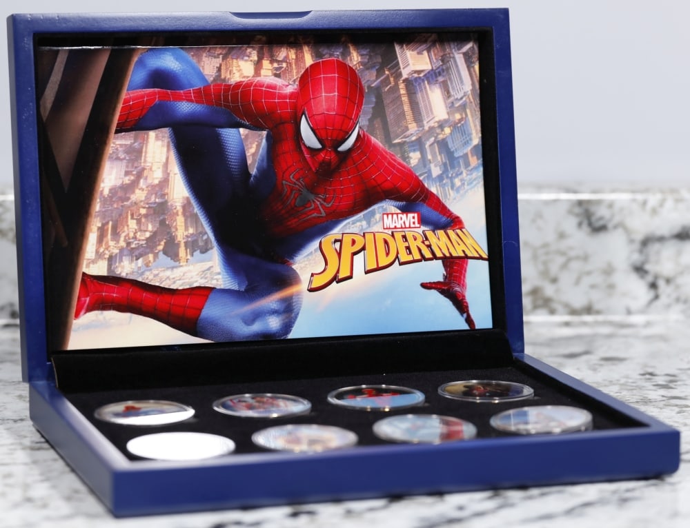 Limited Edition 8 Coin Spiderman Gold Plated Collection In Custom WOODEN Box W/ Special Backer card - 2