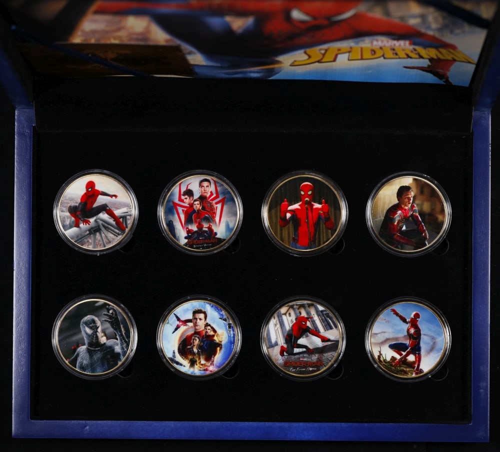 Limited Edition 8 Coin Spiderman Gold Plated Collection In Custom WOODEN Box W/ Special Backer card - 3