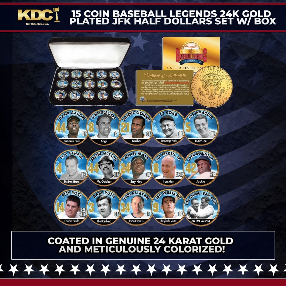 15 Coin Baseball Legends 24K Gold Plated JFK Half Dollars Set w/ Box Other Toy: 15 Coin Baseball Legends 24K Gold Plated JFK Half Dollars Set w/ Box. Here’s your opportunity to acquire the complete set of fifteen (15) GOLDEN BASEBALL LEGENDS 24KT Gold Plated and colorized J