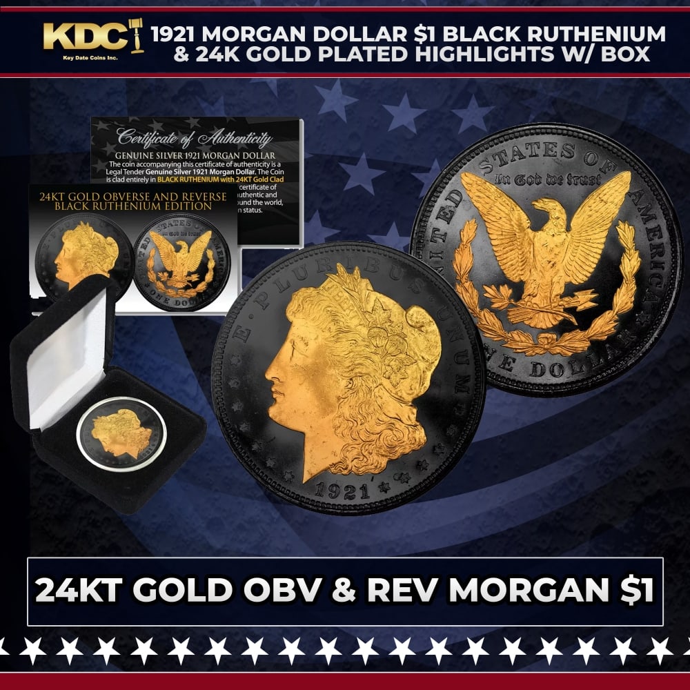 1921 Morgan Dollar $1 Black Ruthenium & 24K Gold Plated Highlights w/ Box Other Toy: 1921 Morgan Dollar $1 Black Ruthenium & 24K Gold Plated Highlights w/ Box. The Morgan Dollar is a standout coin in its own right. However, when this 90% pure silver dollar is enhanced with rare Black