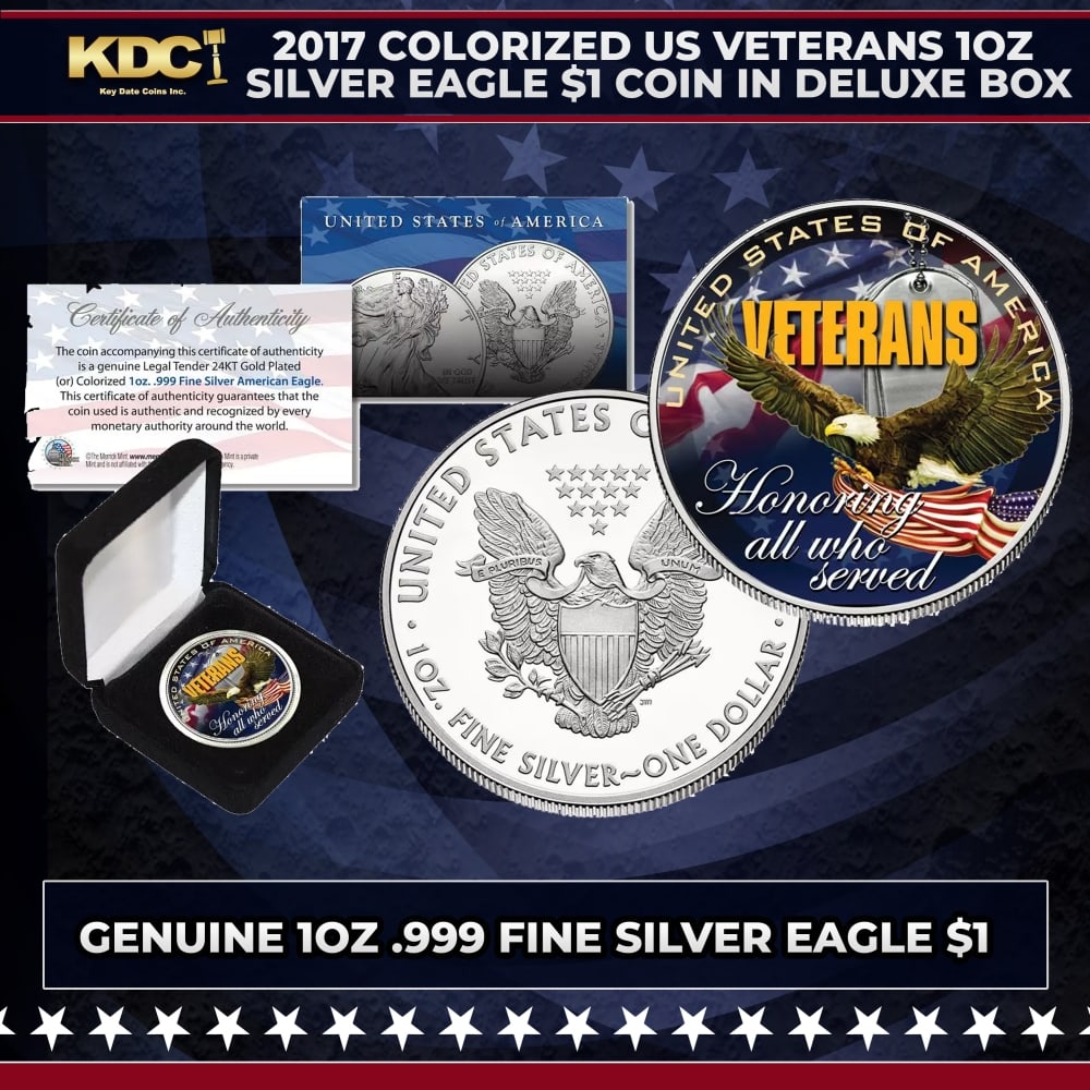 2017 Colorized US Veterans 1oz Silver Eagle $1 Coin in Deluxe Box Other Toy: 2017 Colorized US Veterans 1oz Silver Eagle $1 Coin in Deluxe Box. Seize this chance to acquire a stunning US Veterans colorized American Silver Eagle Dollar coin, expertly colorized by to honor