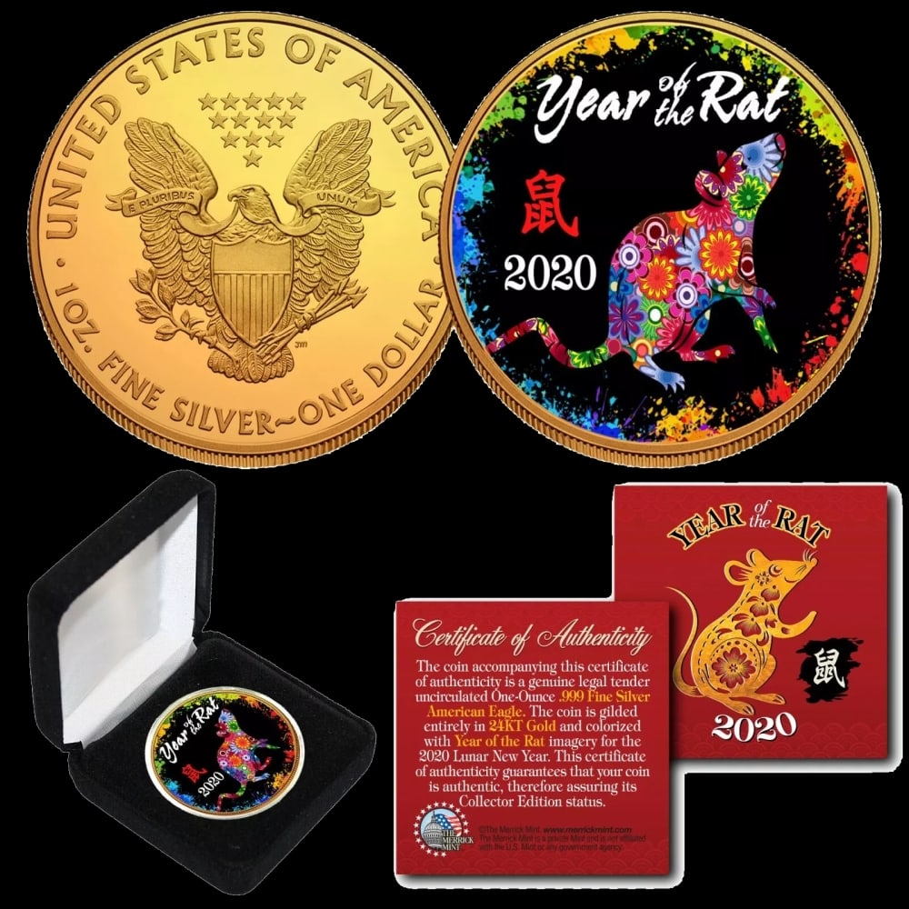 2020 Year of The Rat 24K Gold Plated Polychrome 1oz Silver Eagle w/ Box & COA Other Toy - 2