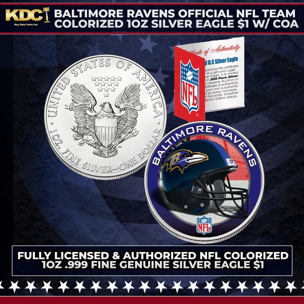 Baltimore Ravens Official NFL Team Colorized 1oz Silver Eagle $1 w/ COA Other Toy: Baltimore Ravens Official NFL Team Colorized 1oz Silver Eagle $1 w/ COA. This is your chance to own a fully licensed & authorized NFL colorized .999 Fine Silver Eagle $1 coin, beautifully enhanced wit