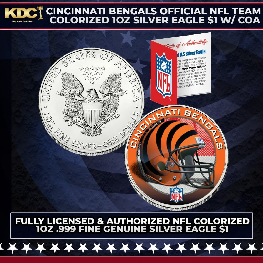 Cincinnati Bengals Official NFL Team Colorized 1oz Silver Eagle $1 w/ COA Other Toy: Cincinnati Bengals Official NFL Team Colorized 1oz Silver Eagle $1 w/ COA. This is your chance to own a fully licensed & authorized NFL colorized .999 Fine Silver Eagle $1 coin, beautifully enhanced