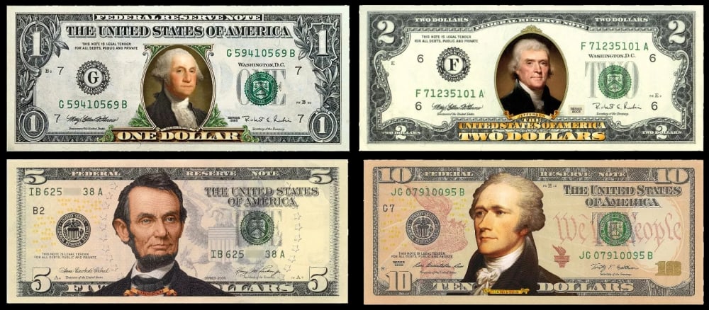 Denomination Set of 4 Colorized 2-Sided US Banknotes ($1, $2, $5, $10) Other Toy - 2