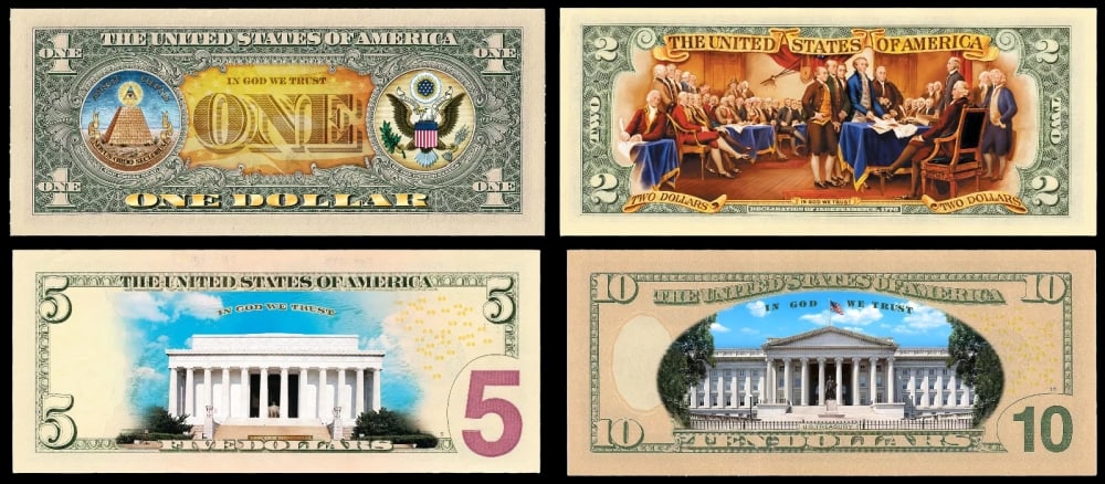 Denomination Set of 4 Colorized 2-Sided US Banknotes ($1, $2, $5, $10) Other Toy - 3