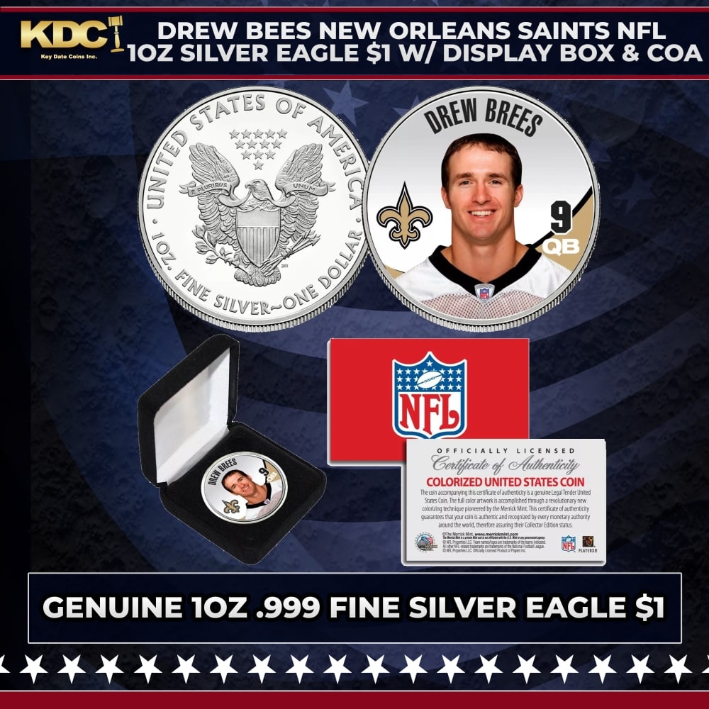 Drew Bees New Orleans Saints NFL 1oz Silver Eagle $1 w/ Display Box & COA Other Toy: Drew Bees New Orleans Saints NFL 1oz Silver Eagle $1 w/ Display Box & COA. Here’s your chance to own a stunning DREW BREES colorized American Silver Eagle Dollar U.S. coin, expertly colorized by