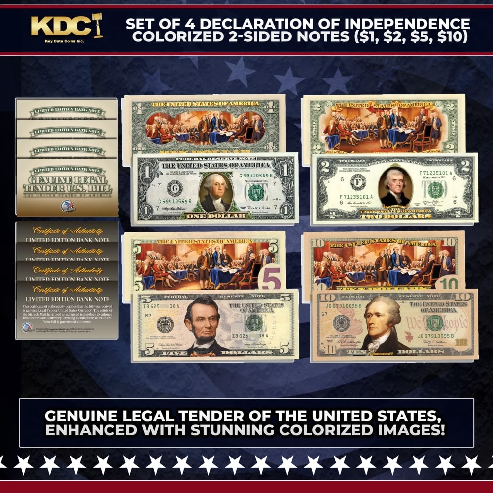 Set of 4 Declaration of Independence Colorized 2-Sided Notes ($1, $2, $5, $10) Other Toy: Set of 4 Declaration of Independence Colorized 2-Sided Notes ($1, $2, $5, $10). These uncirculated Declaration of Independence bills are genuine legal tender of the United States enhanced with stunnin