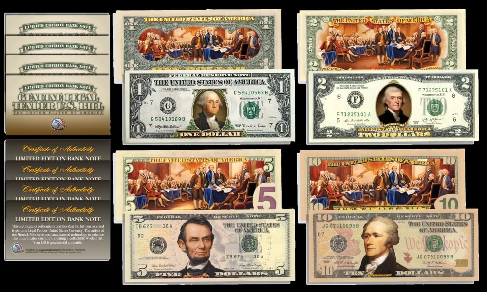 Set of 4 Declaration of Independence Colorized 2-Sided Notes ($1, $2, $5, $10) Other Toy - 2