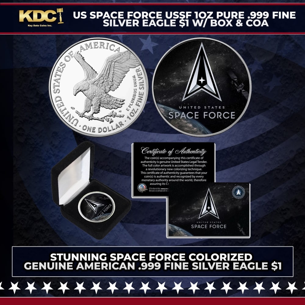 US Space Force USSF 1oz Pure .999 Fine Silver Eagle $1 w/ Box & COA Other Toy: US Space Force USSF 1oz Pure .999 Fine Silver Eagle $1 w/ Box & COA. This is your chance to own a stunning SPACE FORCE colorized American Silver Eagle Dollar coin, beautifully enhanced by The Merrick