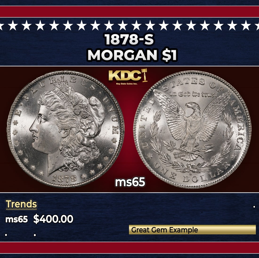1878-s Morgan Dollar $1 Grades ms65: 1878-s Morgan Dollar $1 Grades ms65. Slightly better date. First year of issue.