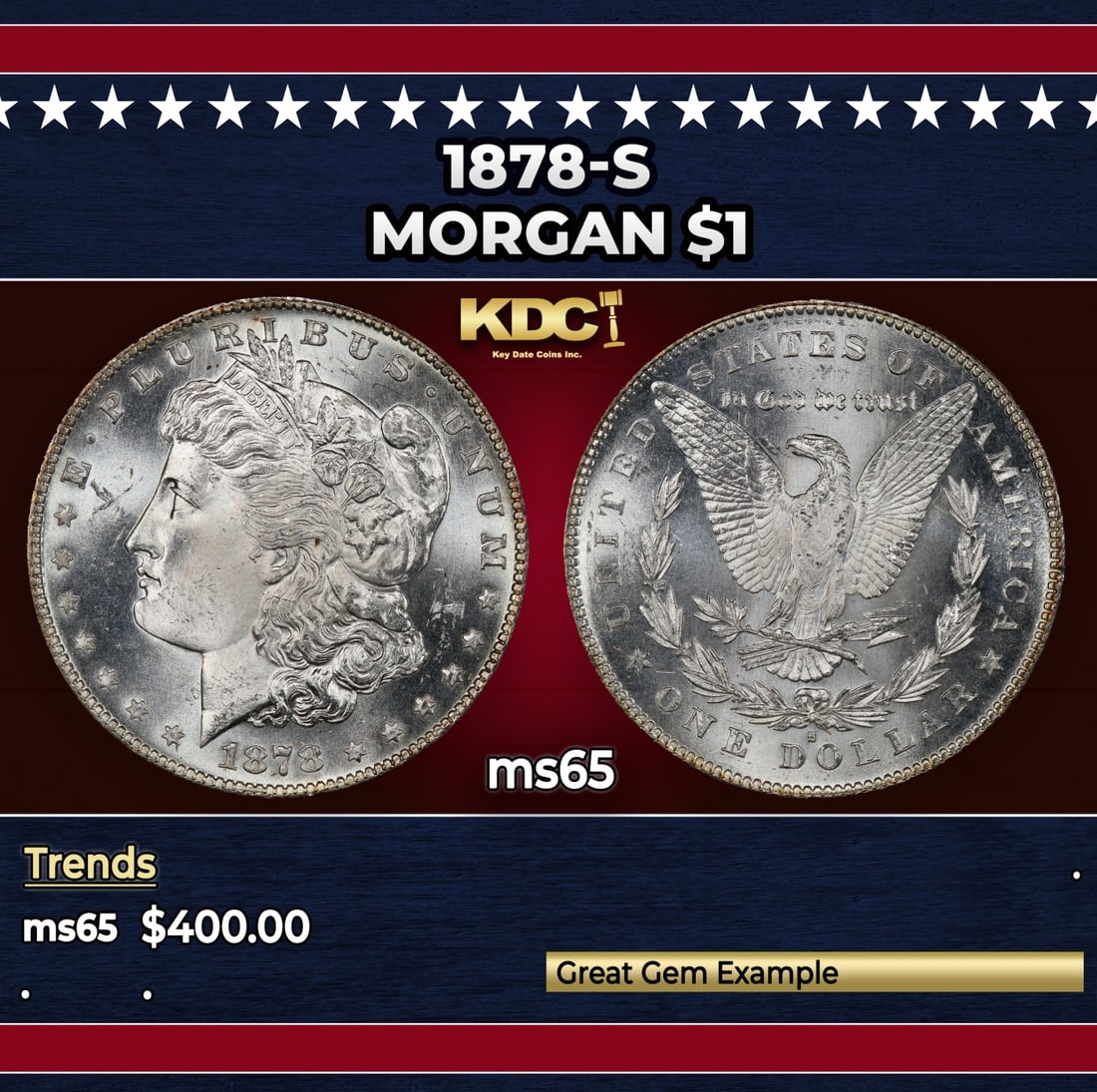 1878-s Morgan Dollar $1 Grades ms65: 1878-s Morgan Dollar $1 Grades ms65. Slightly better date. First year of issue.