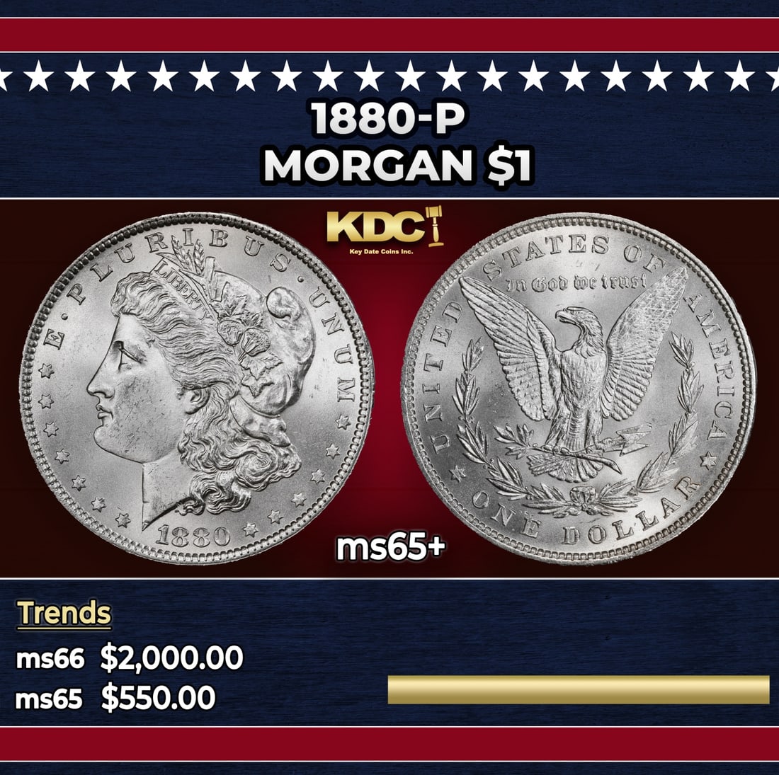 1880-p Morgan Dollar $1 ms65+ SEGS: 1880-p Morgan Dollar $1 ms65+ SEGS. A Key Date's Pick, Bid to Win Coin