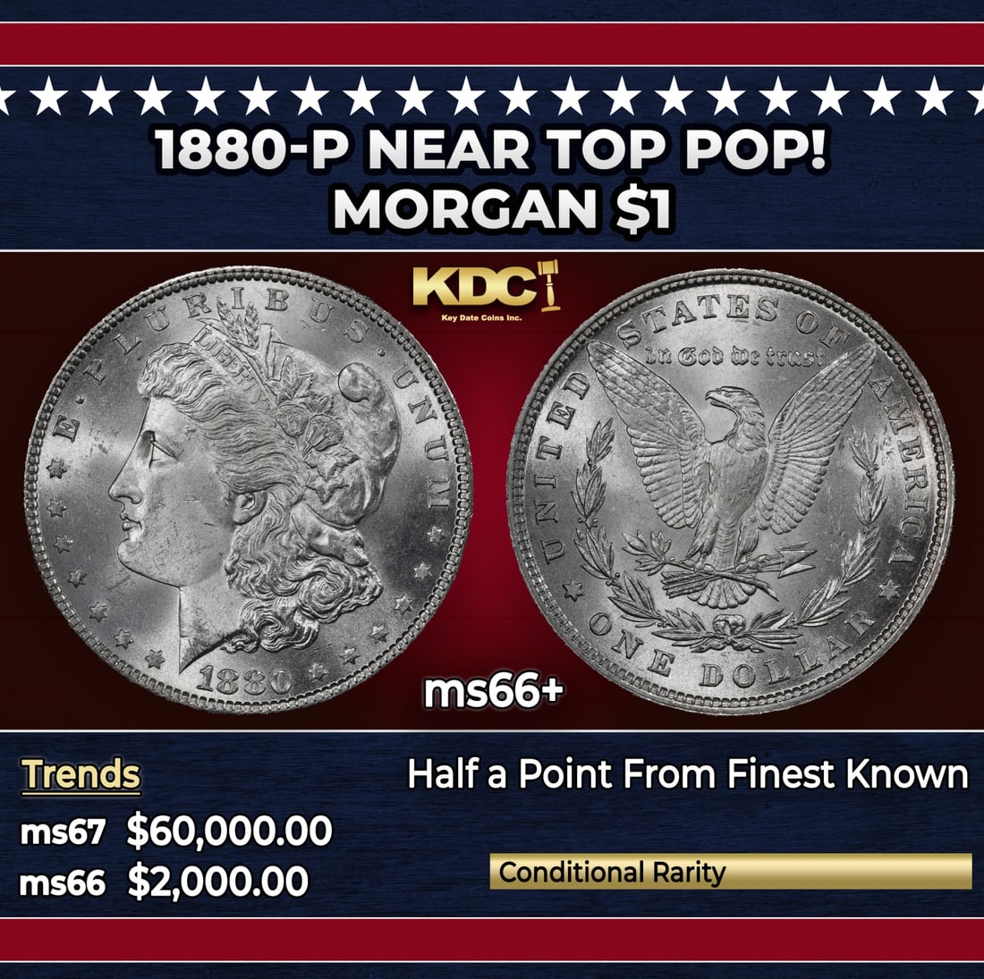 1880-p Morgan Dollar Near Top Pop! $1 ms66+ SEGS: 1880-p Near Top Pop! Morgan Dollar $1 ms66+ SEGS. Each side of this top-certified Registry coin remains wholly brilliant with vibrant cartwheel luster. The fields and cheek are clean. A Key Date's Pic