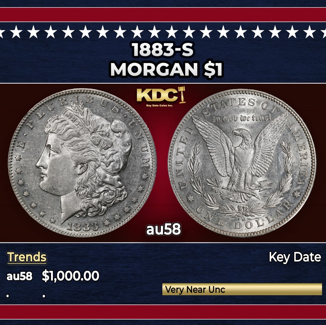 1883-s Morgan Dollar $1 au58 SEGS: 1883-s Morgan Dollar $1 au58 SEGS.