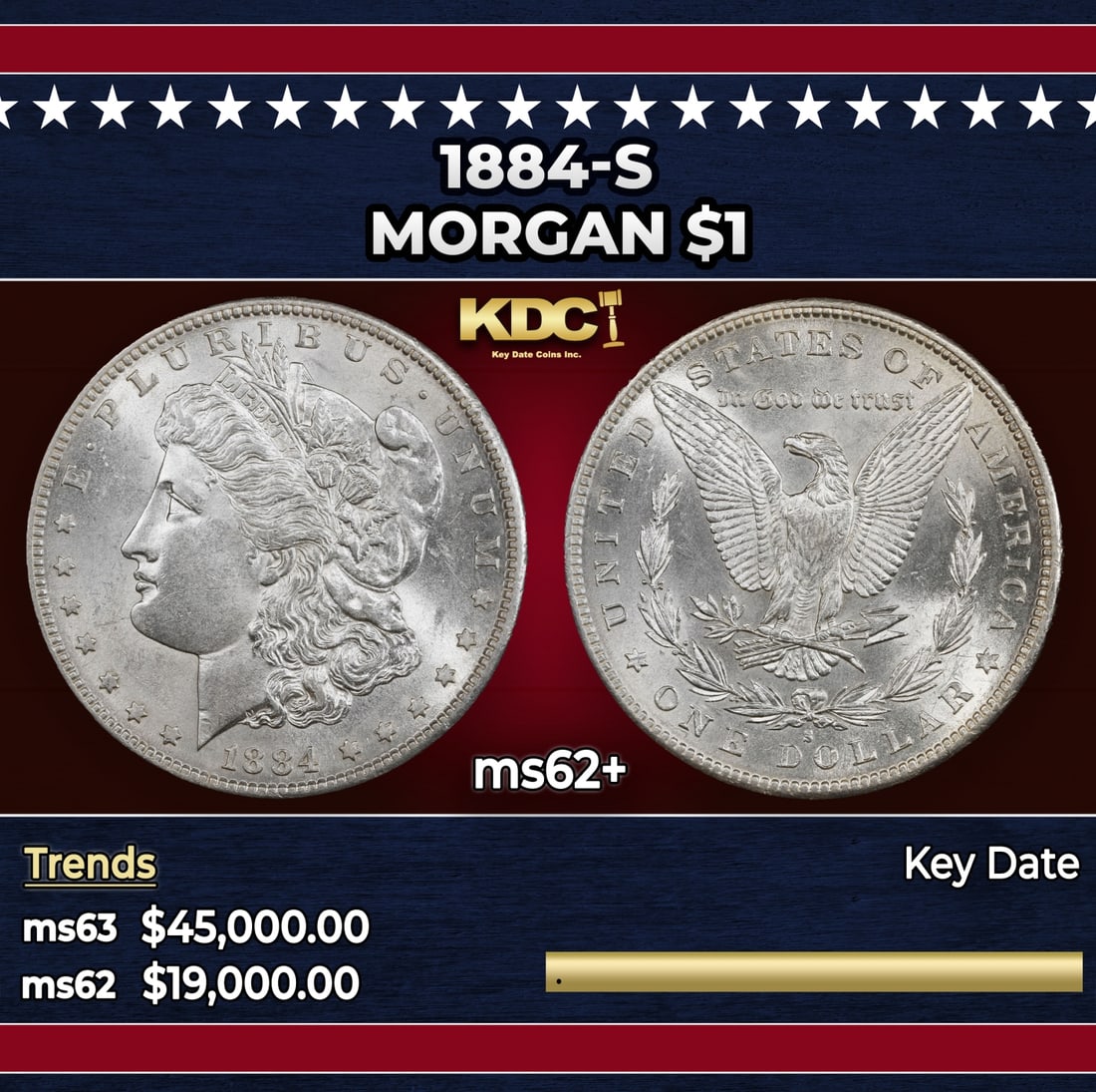 1884-s Morgan Dollar $1 ms62+ USCG: 1884-s Morgan Dollar $1 ms62+ USCG.
