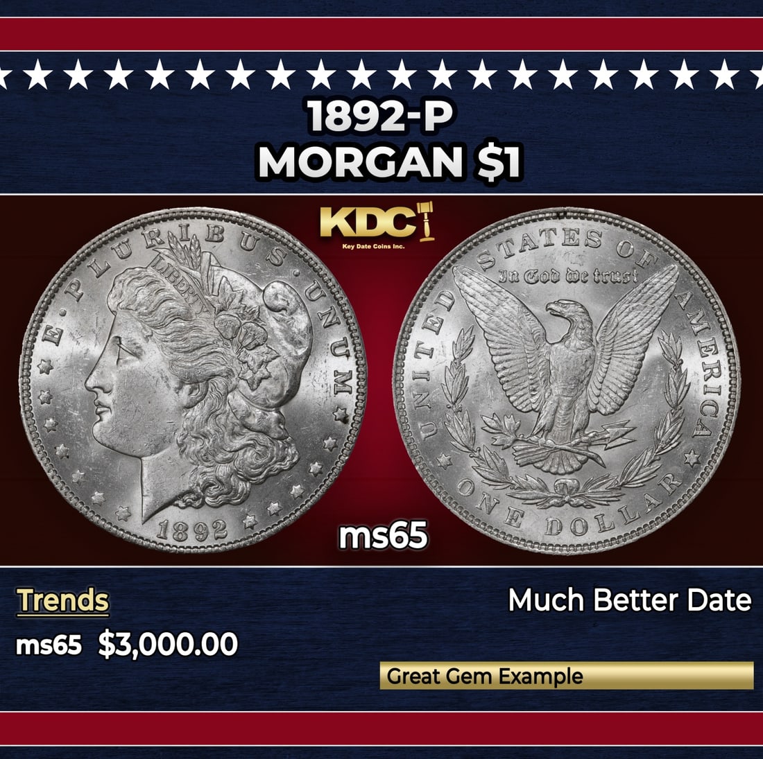 1892-p Morgan Dollar $1 ms65 SEGS: 1892-p Morgan Dollar $1 ms65 SEGS.