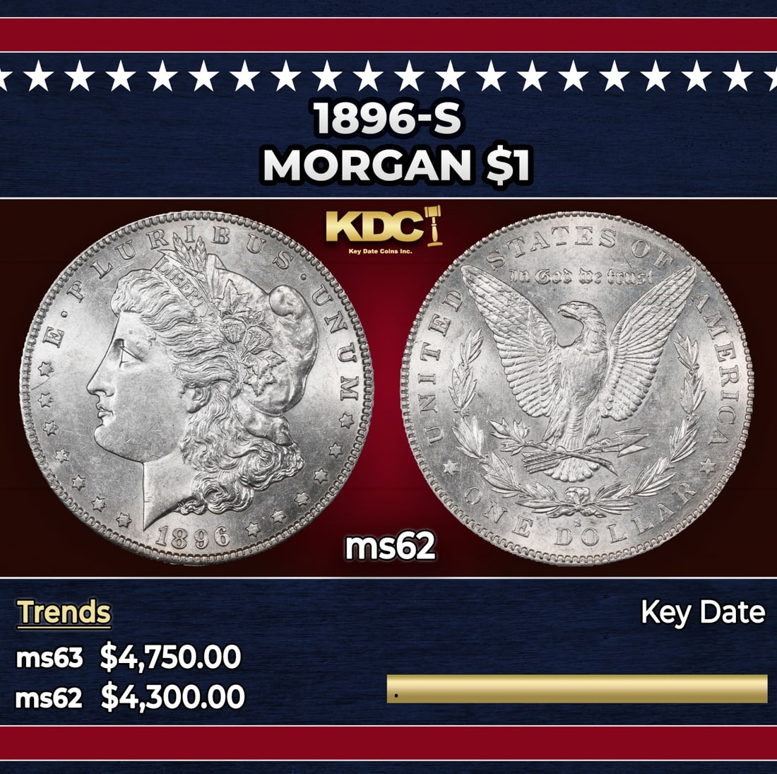 1896-s Morgan Dollar $1 ms62 USCG: 1896-s Morgan Dollar $1 ms62 USCG.