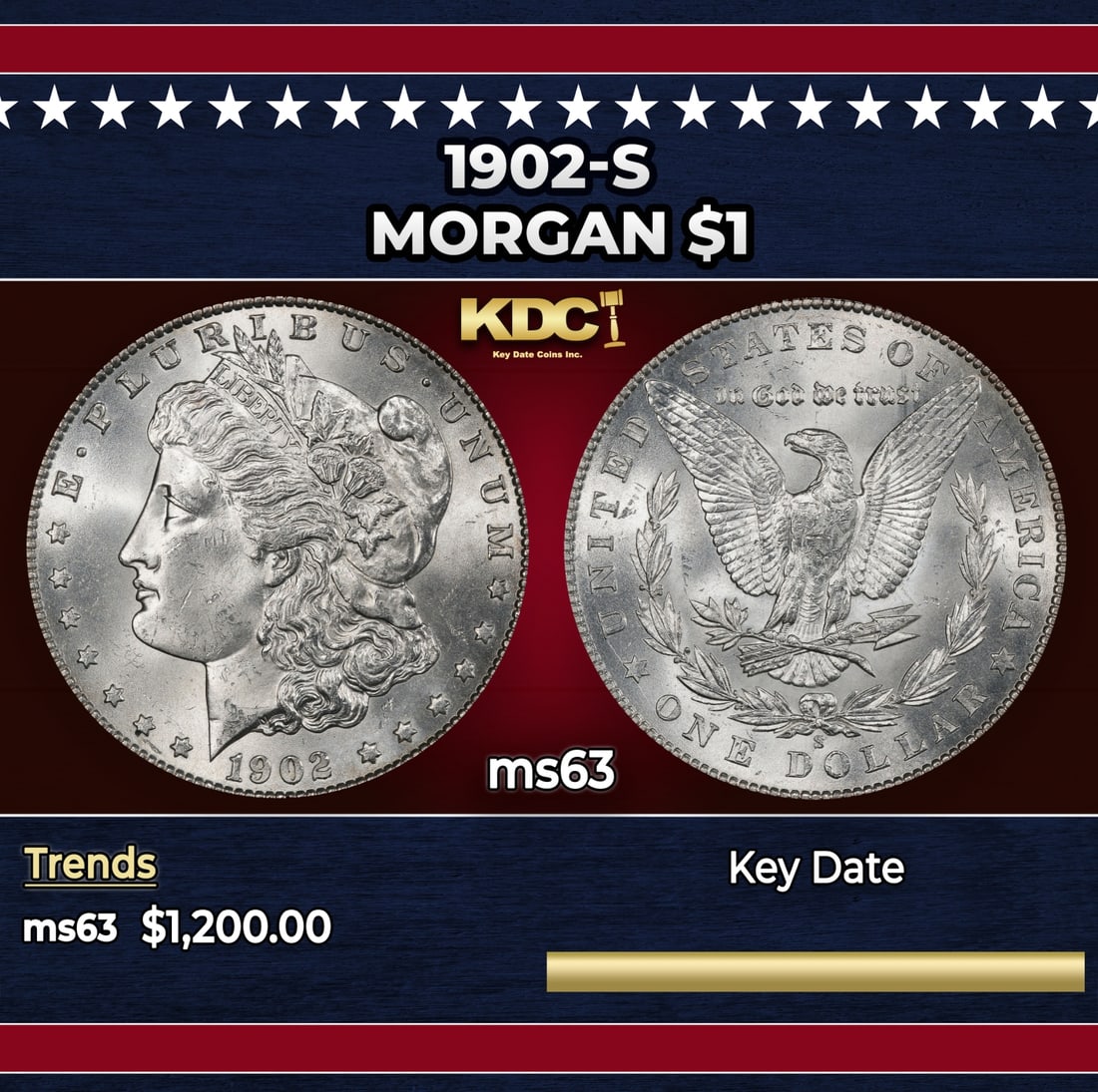 1902-s Morgan Dollar $1 ms63 USCG: 1902-s Morgan Dollar $1 ms63 USCG.