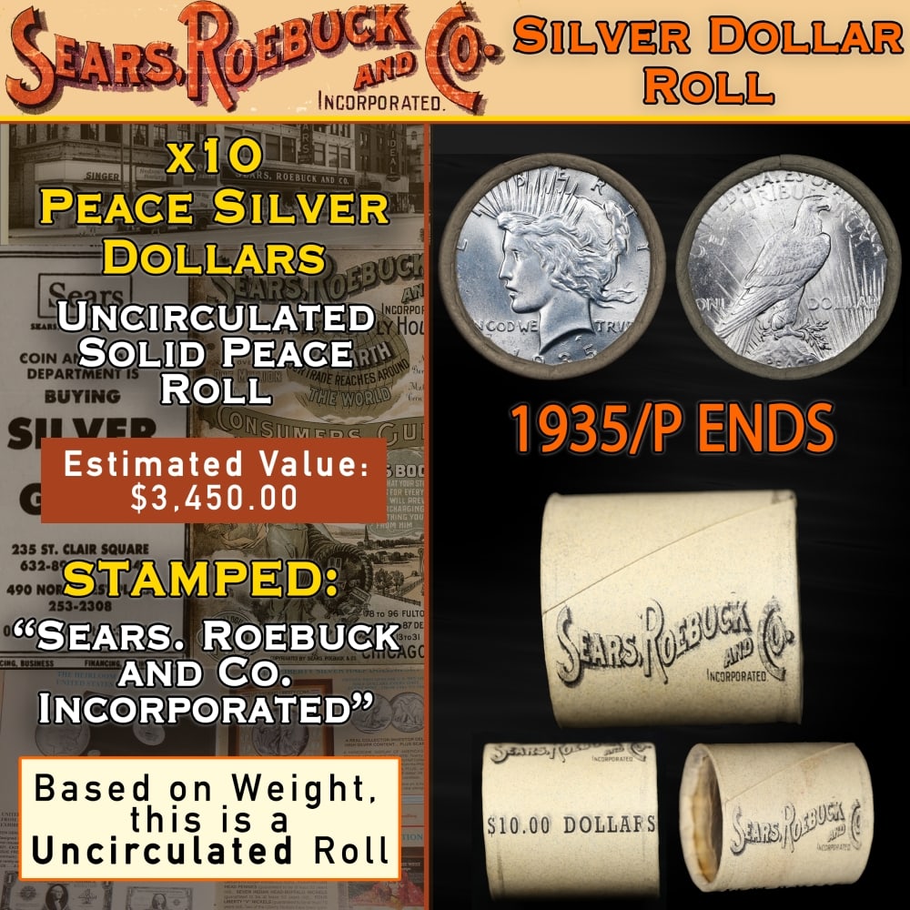 UNC SEARS Peace Silver Dollar $1 10 Coin Roll 1935/'P' Rev End: UNC SEARS Peace Silver Dollar $1 10 Coin Roll 1935/'P' Rev End. Up For Auction is a 7- UNC SEARS Peace Silver Dollar $1 10 Coin Roll 1935/'P' Rev End Roll Weighing 270.3 g Based On this weight this is
