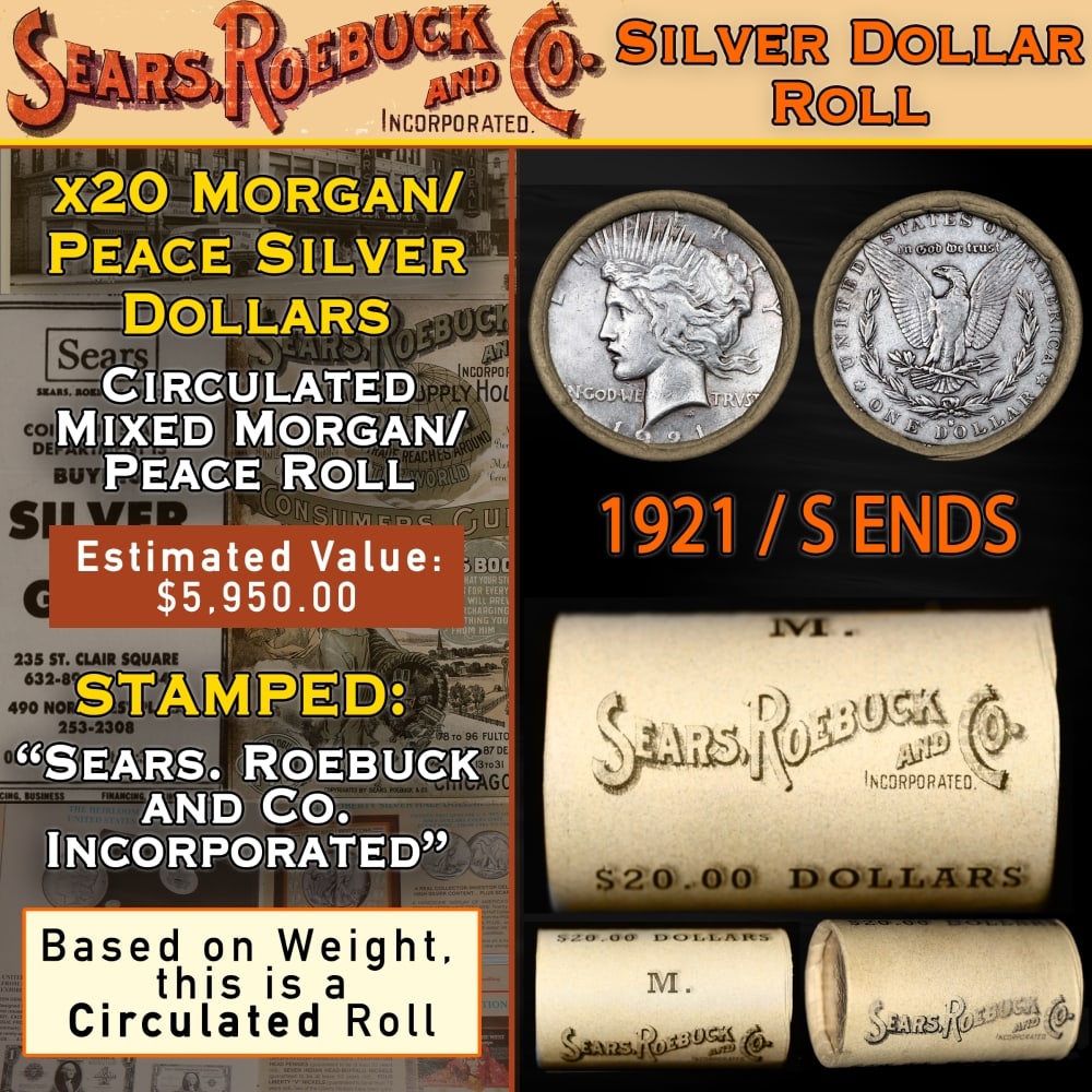 20 Mixed Morgan/Peace Circ SEARS Dollar $1 Roll 1921 Peace/Morgan 'S' Rev Ends: 20 Mixed Morgan/Peace Circ SEARS Dollar $1 Roll 1921 Peace/Morgan 'S' Rev Ends. Up For Auction is a 88- 20 Mixed Morgan/Peace Circ SEARS Dollar $1 Roll 1921 Peace/Morgan 'P' Rev Ends Roll Weighing