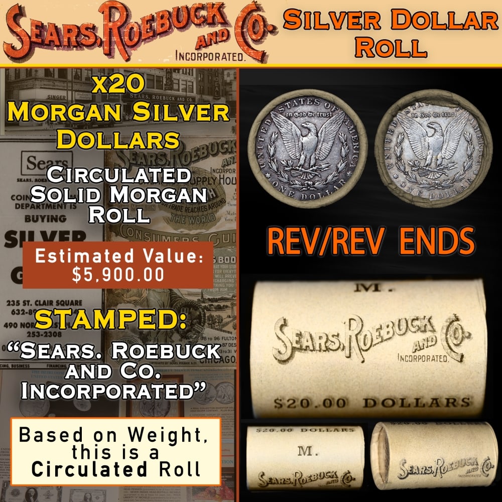20 Silver Dollars Morgan SEARS Roll Circ 'P' Rev/'P' Rev Ends: 20 Silver Dollars Morgan SEARS Roll Circ 'P' Rev/'P' Rev Ends. Up For Auction is a 68- 20 Silver Dollars Morgan SEARS Roll Circ 'P' Rev/'P' Rev Ends Roll Weighing 526.9 g Based On this weight this is 