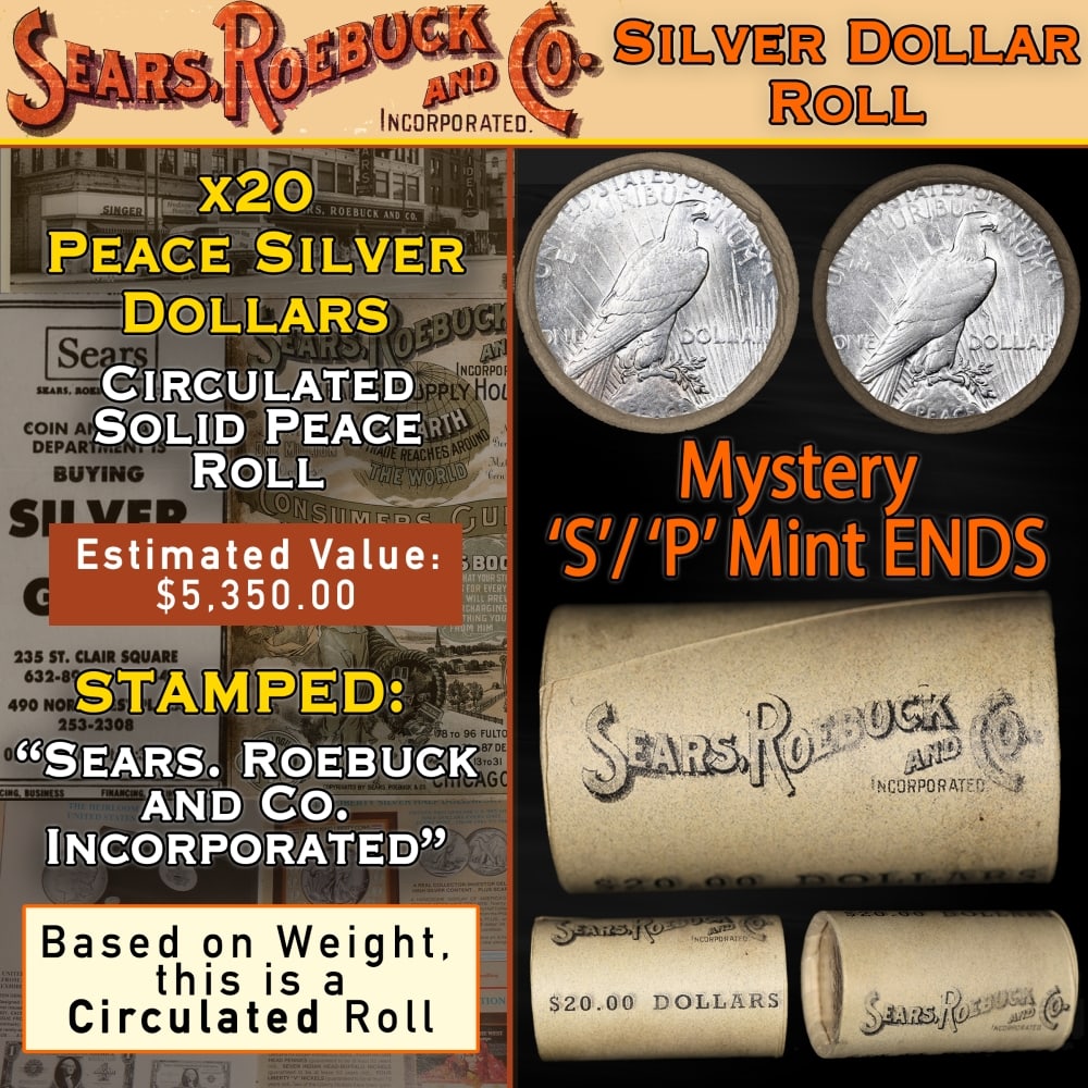 20 Coin SEARS Peace Silver $1 Roll Circ Mystery 'S' Rev/'P' Rev Ends: 20 Coin SEARS Peace Silver $1 Roll Circ Mystery 'S' Rev/'P' Rev Ends. Up For Auction is a 28- 20 Coin SEARS Peace Silver $1 Roll Circ Mystery 'P' Rev/'P' Rev Ends Roll Weighing 523.9 g Based On this