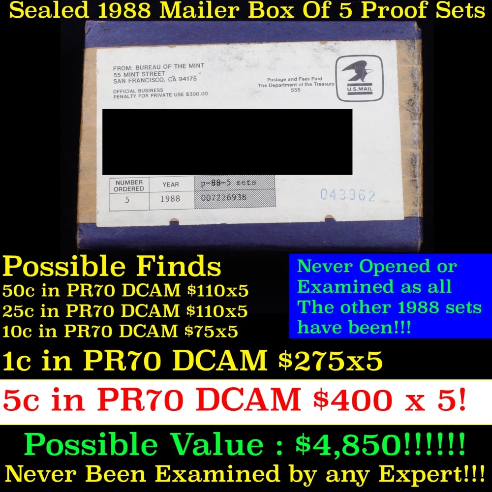 Original sealed box 5- 1988 United States Mint Proof Sets.: Original sealed box 5- 1988 United States Mint Proof Sets.. Up for Auction is an Unopened Mailer Box from 1989 containing 5 1989 Proof Sets!!!! Wow! - This Mailer Box is sealed exactly as it left the