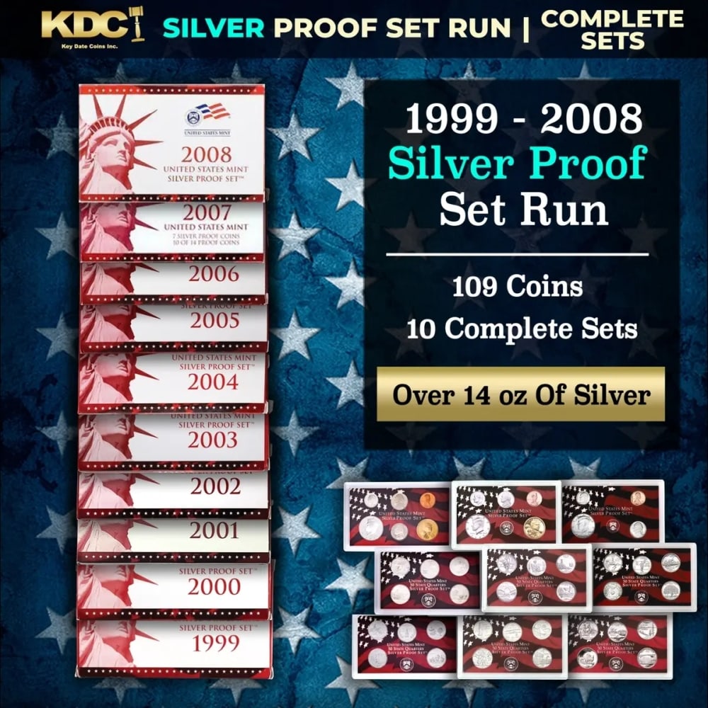 1999-2008 US Mint SILVER Proof Sets 109 Coins Total 10 Complete Sets Over 14oz OF Silver Full State: 1999-2008 US Mint SILVER Proof Sets 109 Coins Total 10 Complete Sets Over 14oz OF Silver Full State 25c Set. 1999-2008 Red Box US Mint Silver Proof Sets - 109 Coins Total, 10 Complete Sets. This set e
