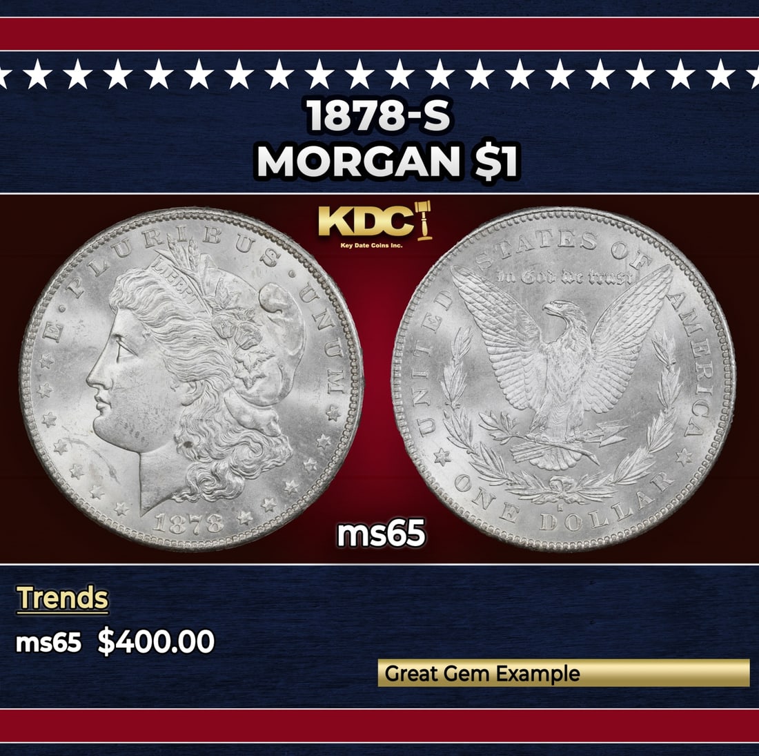 1878-s Morgan Dollar $1 Grades ms65: 1878-s Morgan Dollar $1 Grades ms65. Slightly better date. First year of issue.