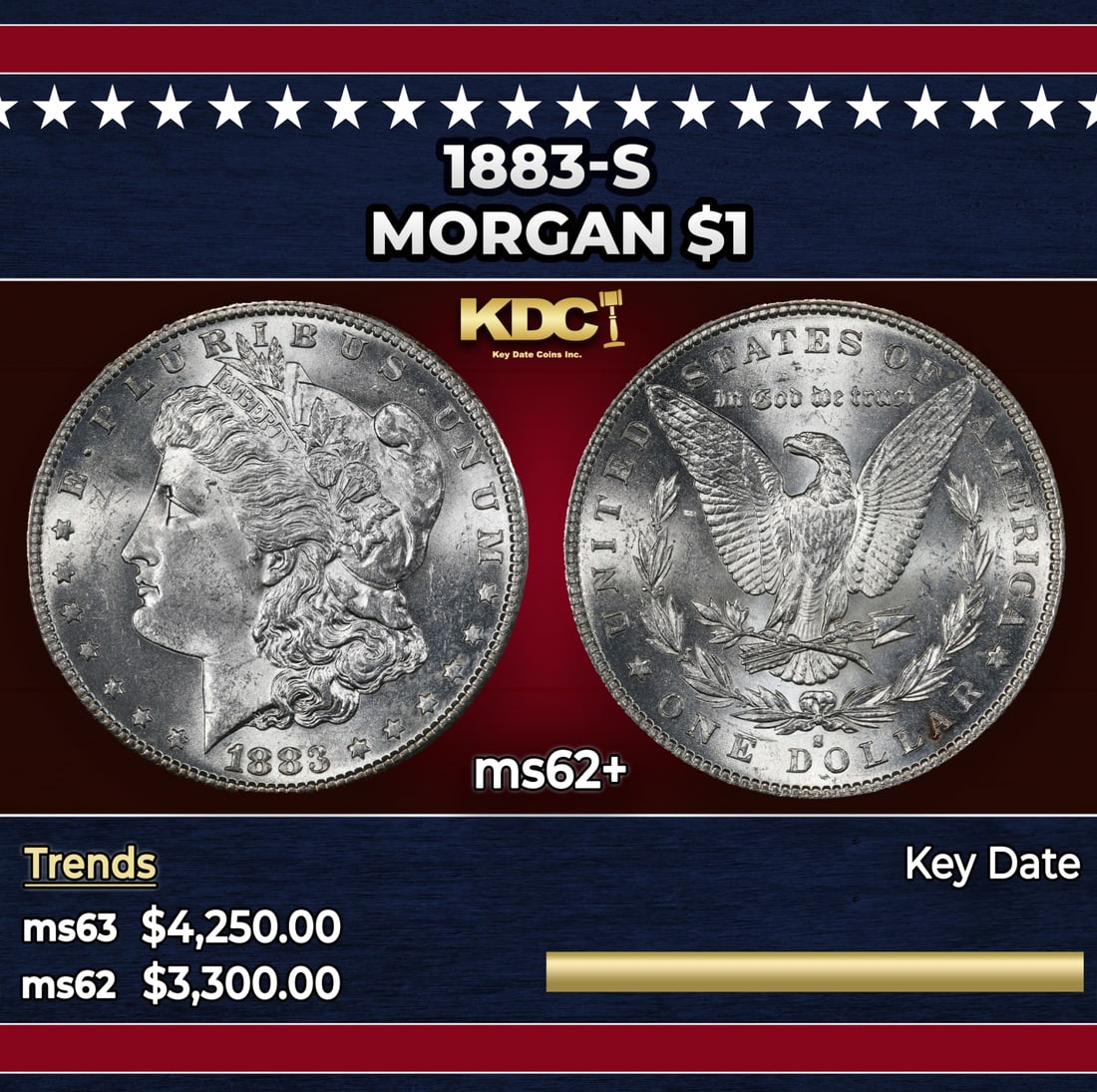1883-s Morgan Dollar $1 ms62+ USCG: 1883-s Morgan Dollar $1 ms62+ USCG. A Key Date's Pick, Bid to Win, Don't let it get Away Coin