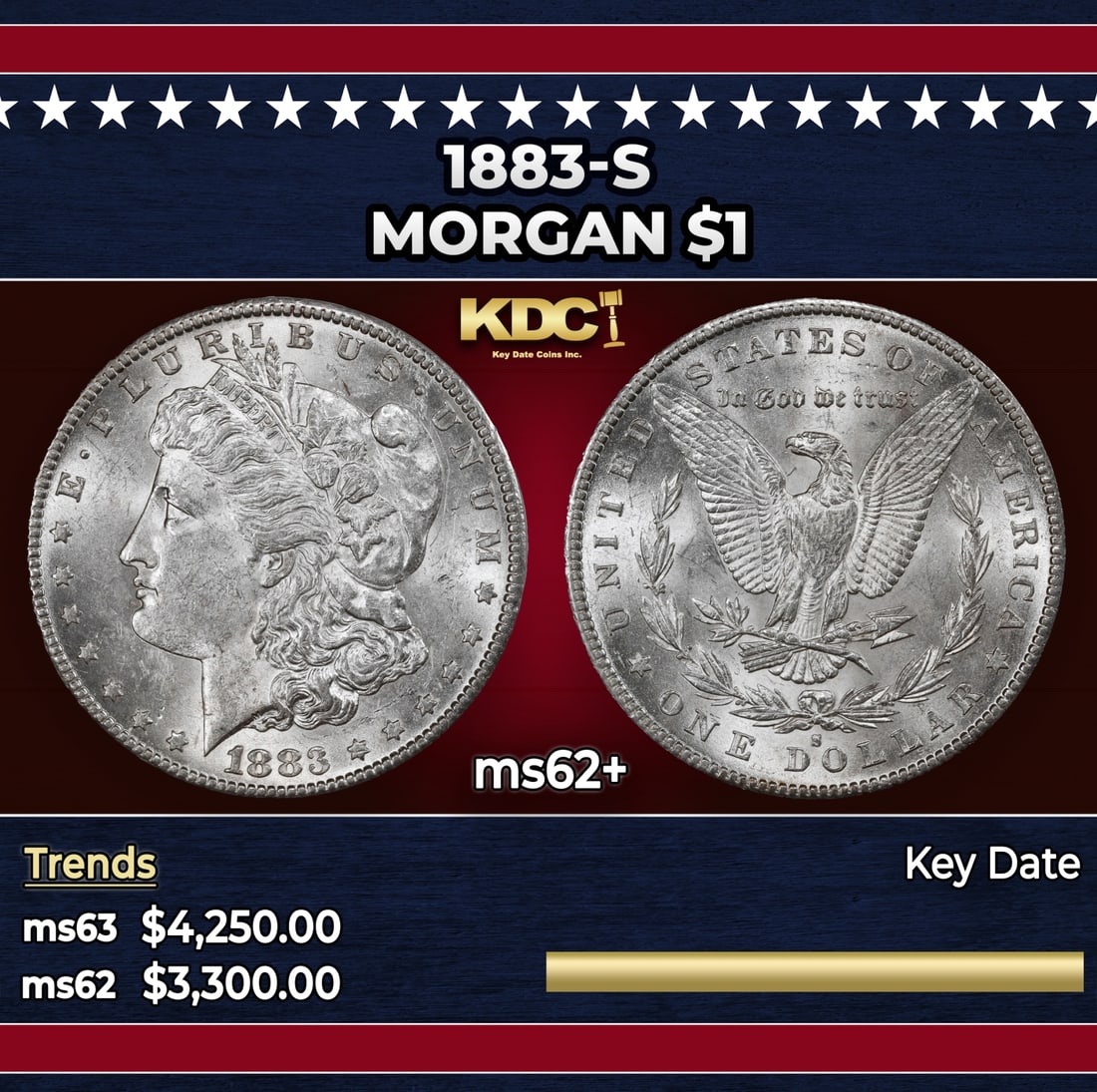 1883-s Morgan Dollar $1 ms62+ USCG: 1883-s Morgan Dollar $1 ms62+ USCG. A Key Date's Pick, Bid to Win, Don't let it get Away Coin